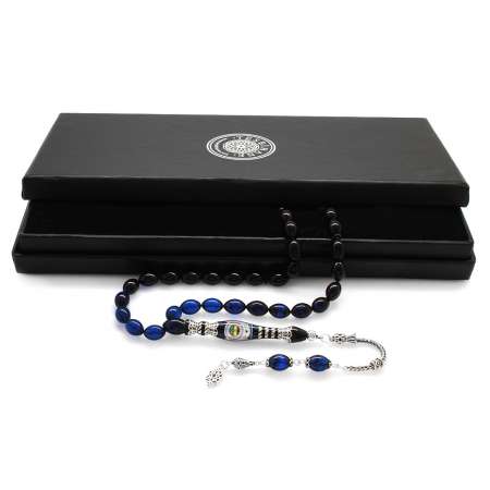 925 Ayar Gümüş Nakkaş İmameli Taraftar Logolu Süzme Mavi-Siyah Sıkma Kehribar Tesbih - Taraftar