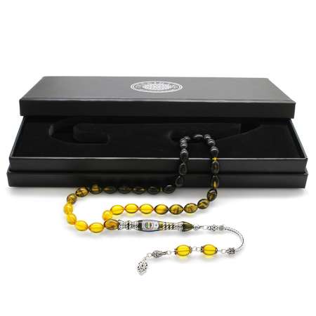 925 Ayar Gümüş Nakkaş İmameli Taraftar Logolu Süzme Sarı-Siyah Ateş Kehribar Tesbih - Taraftar