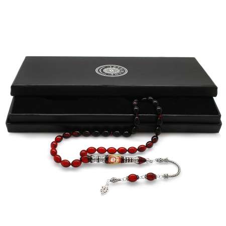 925 Ayar Gümüş Nakkaş İmameli Taraftar Logolu Süzme Kırmızı-Siyah Ateş Kehribar Tesbih - Taraftar