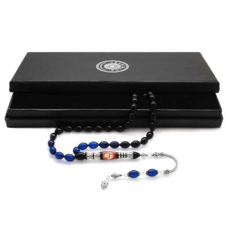 925 Ayar Gümüş Nakkaş İmameli Taraftar Logolu Süzme Mavi-Siyah Sıkma Kehribar Tesbih - Taraftar