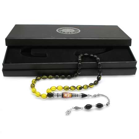 925 Ayar Gümüş Nakkaş İmameli Taraftar Logolu Süzme Sarı-Siyah Ateş Kehribar Tesbih - Taraftar