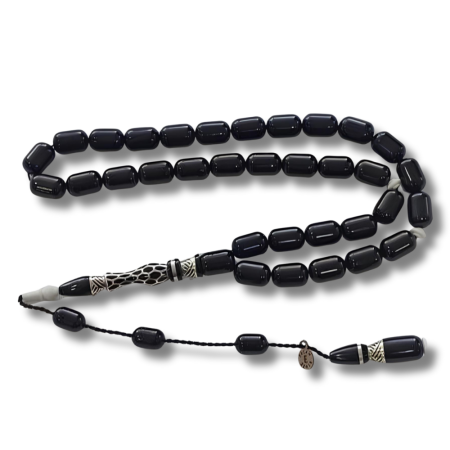 925 Ayar Gümüş Nakkaş İmameli Sistemli Oltu Taşı Tesbih Beyaz Katalin Dolgulu Uçlu Kapsül Kesim - Tesbihane