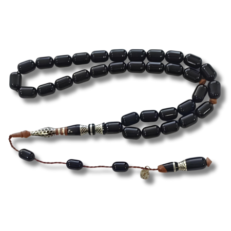 925 Ayar Gümüş Nakkaş İmameli Sistemli Oltu Taşı Tesbih Kuka Ağacı Dolgulu Elmas Kesim - Tesbihane