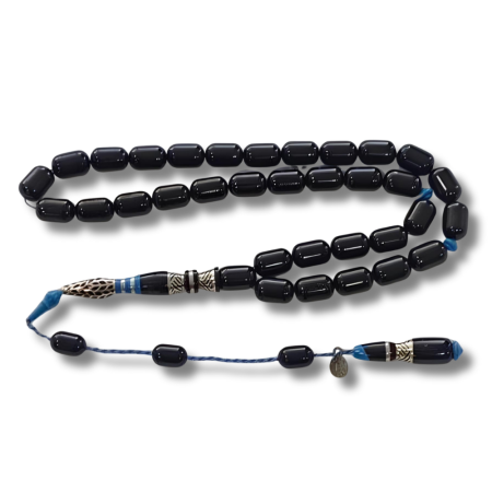 925 Ayar Gümüş Nakkaş İmameli Sistemli Oltu Taşı Tesbih Mavi Katalin Dolgulu Uçlu Kapsül Kesim - Tesbihane