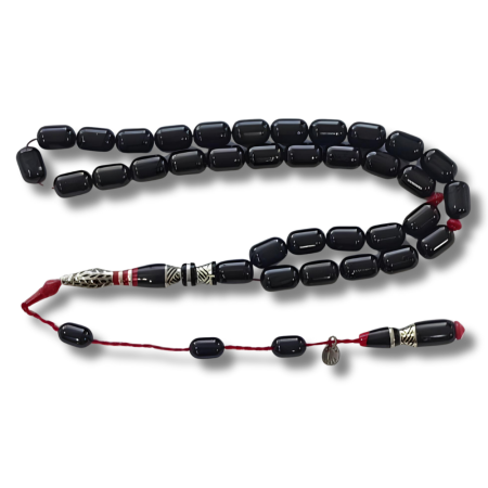 925 Ayar Gümüş Nakkaş İmameli Sitemli Oltu Taşı Tesbih Kırmızı Katalin Dolgulu Uçlu Kapsül Kesim - Tesbihane