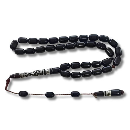 925 Ayar Gümüş Nakkaş İmameli Sistemli Oltu Taşı Tesbih Yılan Ağacı Dolgulu Uçlu Kapsül Kesim - Tesbihane