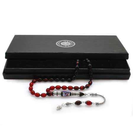 925 Ayar Gümüş Nakkaş İmameli Taraftar Logolu Süzme Kırmızı-Siyah Ateş Kehribar Tesbih - Taraftar