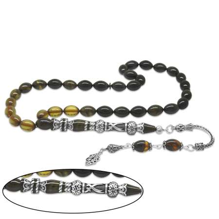 925 Ayar Gümüş Nakkaş İmameli Zülfikar Tasarım Süzme Soft Yeşil Siyah Ateş Kehribar Tesbih - Tesbihane