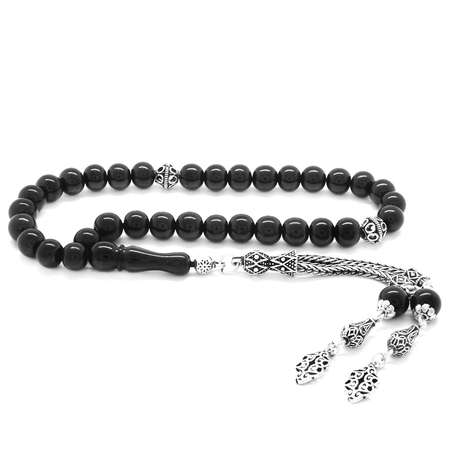 925 Ayar Gümüş Çift Püsküllü Küre Kesim Rus Oltu Tesbih - Tesbihane