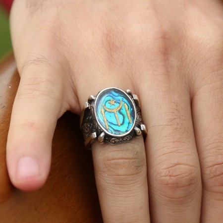 925 Ayar Gümüş Okyanus Sedefli Altın Varaklı Geleneksel Kayı Boyu Yüzük - Tesbihane