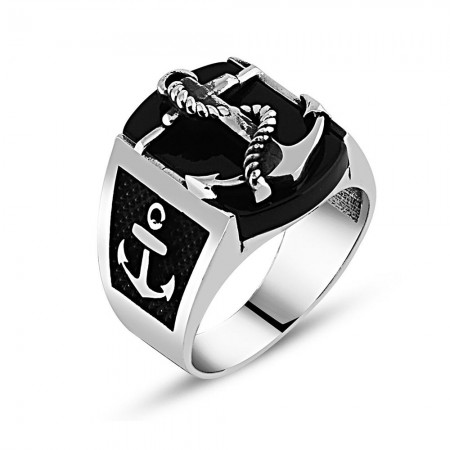 Çapa Motifli Siyah Oniks Taşlı 925 Ayar Gümüş Erkek Yüzük - Tesbihane