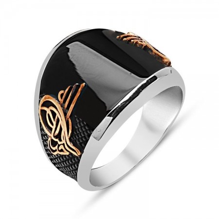 925 Ayar Gümüş Oniks Taşlı Tuğralı Yüzük - Tesbihane