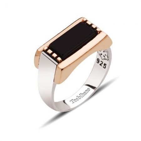 Siyah Dörtgen Oniks Taşlı 925 Ayar Gümüş Erkek Yüzük - Tesbihane