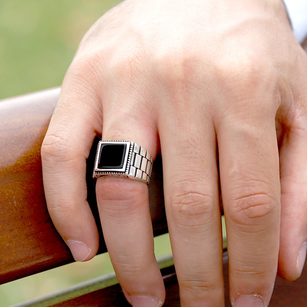 Simetrik Desenli Siyah Oniks Taşlı 925 Ayar Gümüş Erkek Yüzük - 4