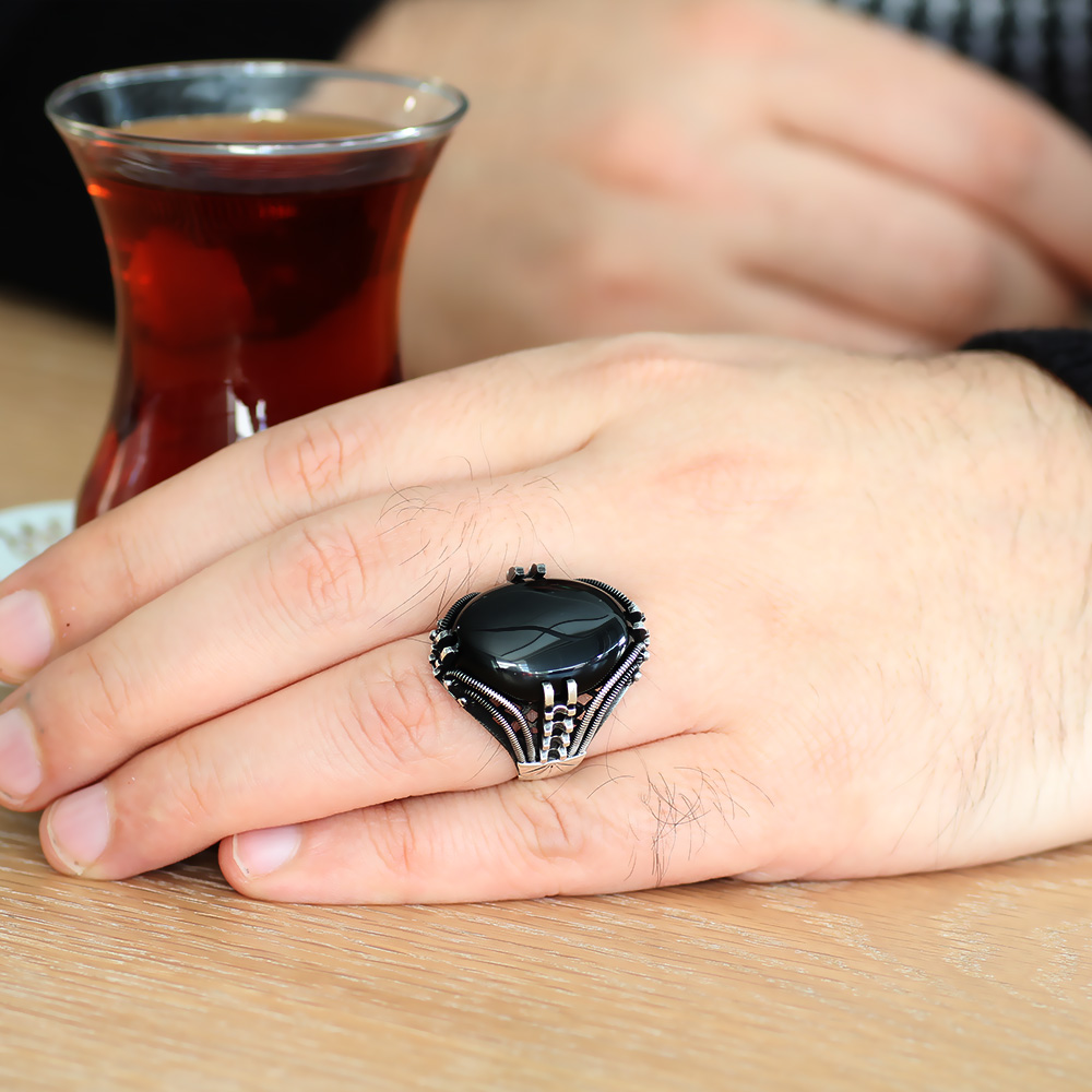 Tırnak Tasarım Siyah Oniks Taşlı 925 Ayar Gümüş Erkek Yüzük - 2