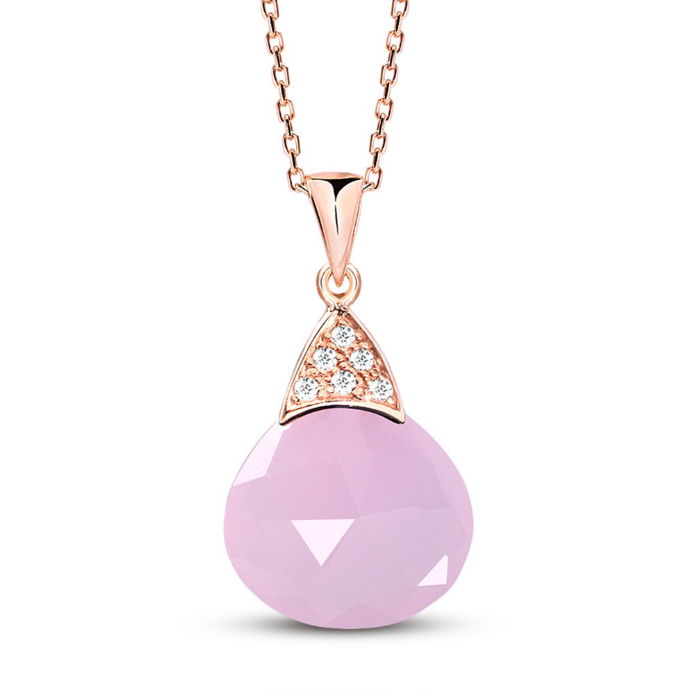 Opak Pembe Zirkon Taşlı 925 Ayar Gümüş Bayan Kolye - 4