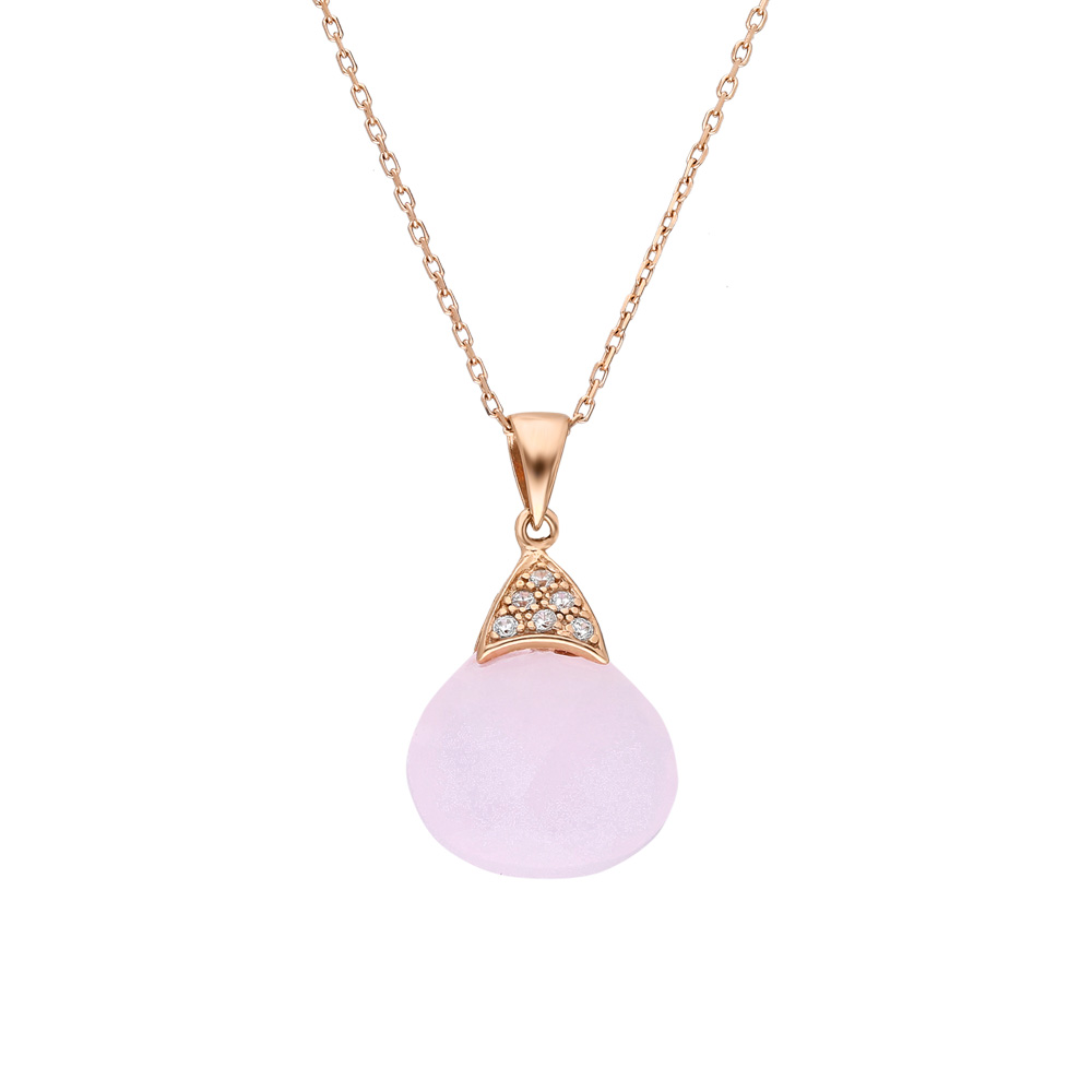 Opak Pembe Zirkon Taşlı 925 Ayar Gümüş Bayan Kolye - 3
