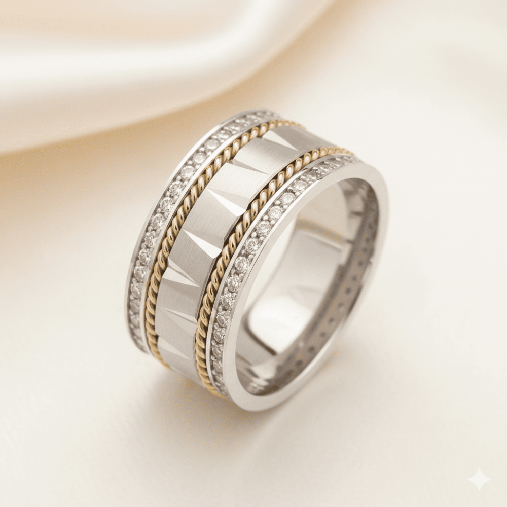 Çift Sıra Örgü Tasarım Zirkon Taş İşlemeli 925 Ayar Gümüş Bayan Alyans - 1