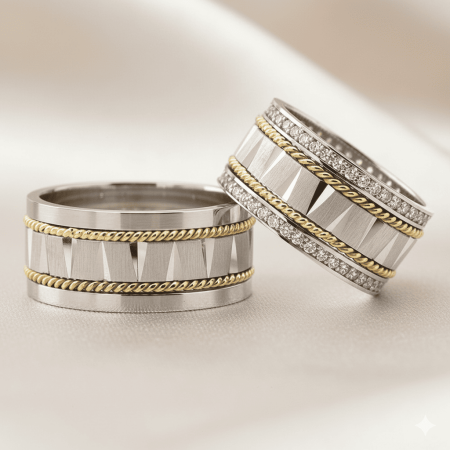 Çift Sıra Örgü Tasarım 925 Ayar Gümüş Çift Alyans - Tesbihane