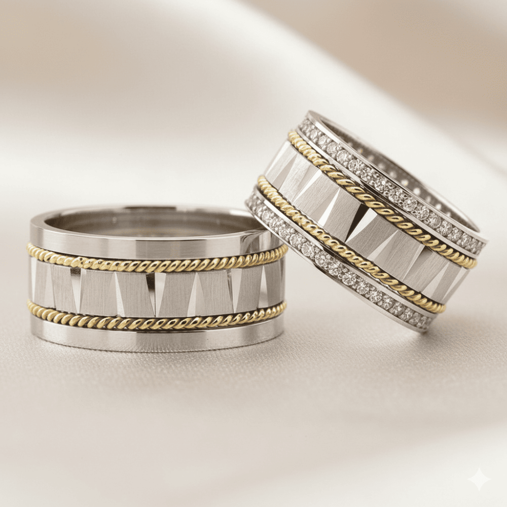 Çift Sıra Örgü Tasarım 925 Ayar Gümüş Çift Alyans - 1