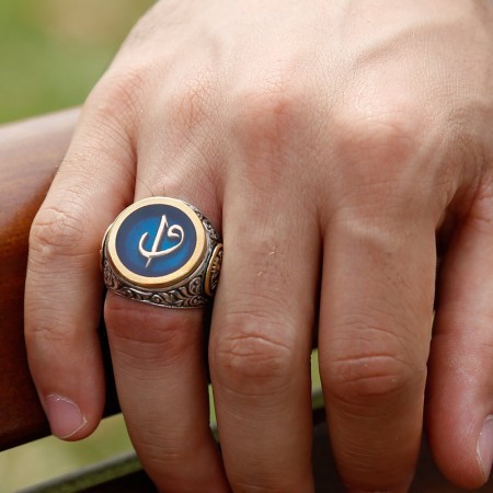 925 Ayar Gümüş Osmanlı Arma Detaylı Elif Vav İşlemeli Mavi Mineli Yüzük - Tesbihane