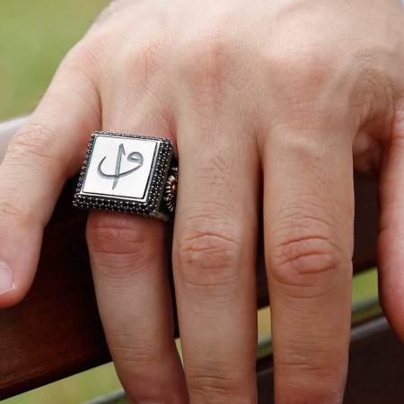 925 Ayar Gümüş Osmanlı Arma Detaylı Elif Vav İşlemeli Yüzük (Model-2) - Tesbihane