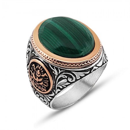 925 Ayar Gümüş Osmanlı Arma Detaylı Malakit Doğaltaşlı Yüzük - Tesbihane
