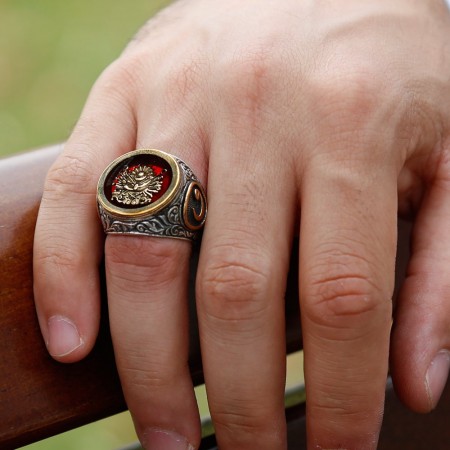 925 Ayar Gümüş Osmanlı Arma İşlemeli Kırmızı Mineli Yüzük - Tesbihane