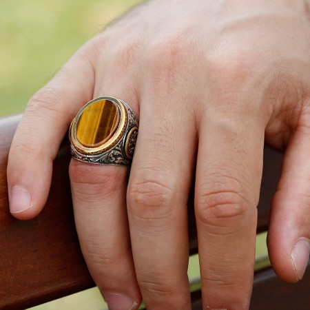 925 Ayar Gümüş Osmanlı Sancağı Detaylı Kaplan Gözü Yüzük - Tesbihane