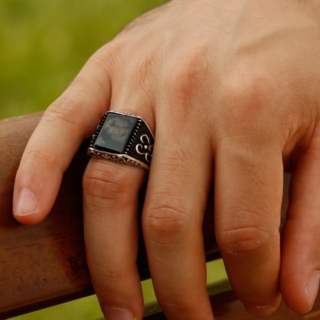 925 Ayar Gümüş Otantik Desenli Oniks Taşlı Yüzük - Tesbihane