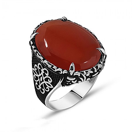 Otantik İşlemeli Kırmızı Akik Taşlı 925 Ayar Gümüş Erkek Yüzük - Tesbihane