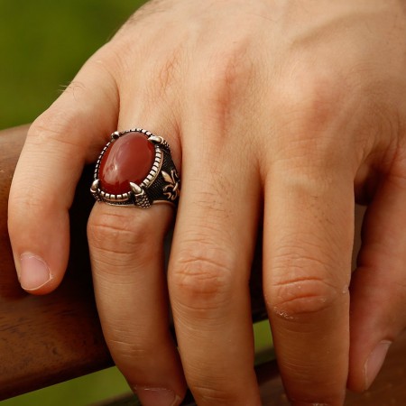 925 Ayar Gümüş Otantik İşlemeli Akik Taşlı Yüzük - Tesbihane