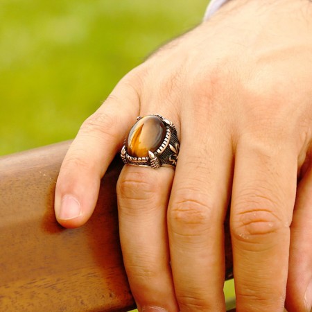 925 Ayar Gümüş Otantik İşlemeli Kaplan Gözü Yüzük - Tesbihane