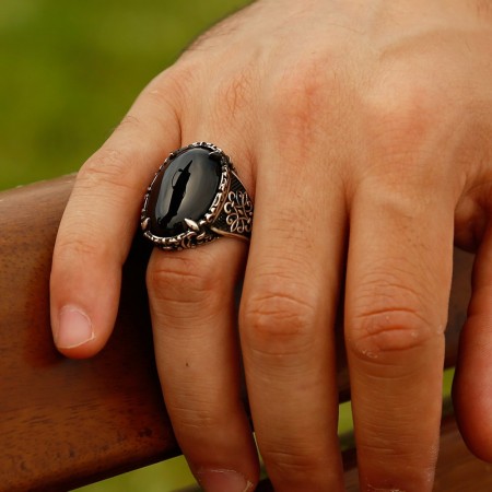 925 Ayar Gümüş Otantik İşlemeli Oniks Taşlı Yüzük (Model-2) - Tesbihane