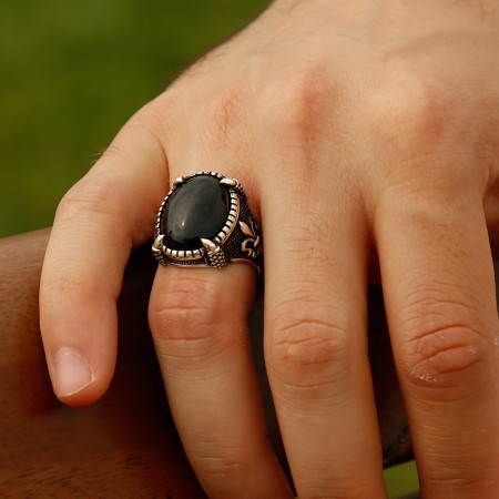 925 Ayar Gümüş Otantik İşlemeli Oniks Taşlı Yüzük - Tesbihane