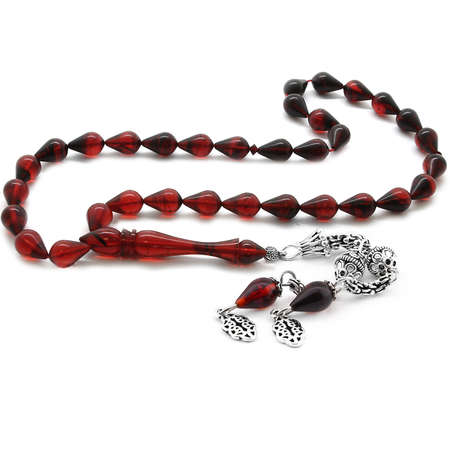 925 Ayar Gümüş Püsküllü Damla Kesim Kırmızı Sıkma Kehribar Tesbih - Tesbihane