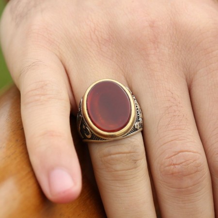 925 Ayar Gümüş  Oval Akik Taşlı Yüzük - Tesbihane