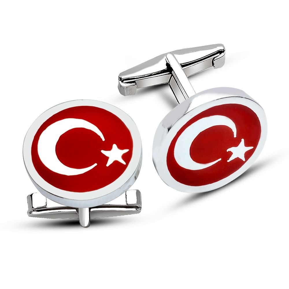 925 Ayar Gümüş Oval Ay Yıldız Model Kol Düğmesi - 1