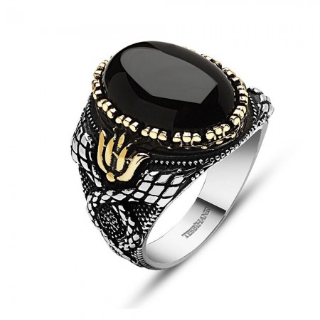 Lale İşlemeli Özel İşçilik Oniks Taşlı 925 Ayar Gümüş Erkek Yüzük - Tesbihane