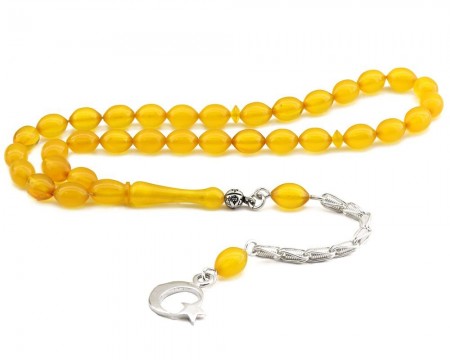 925 Ayar Gümüş Özel Püskül Sıkma Kehribar Tesbih - Tesbihane