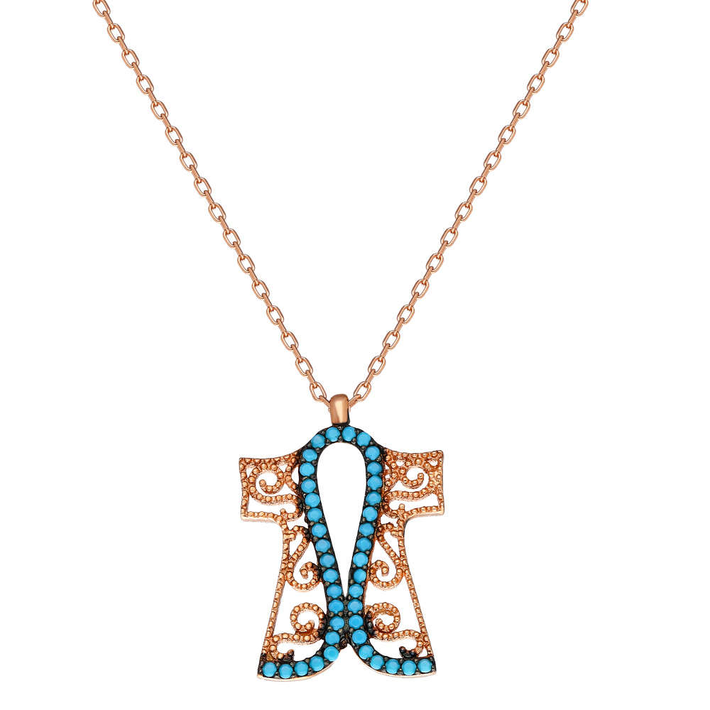 Turkuaz Taşlı Altın Renk Kaftan Tasarım 925 Ayar Gümüş Bayan Kolye - 3