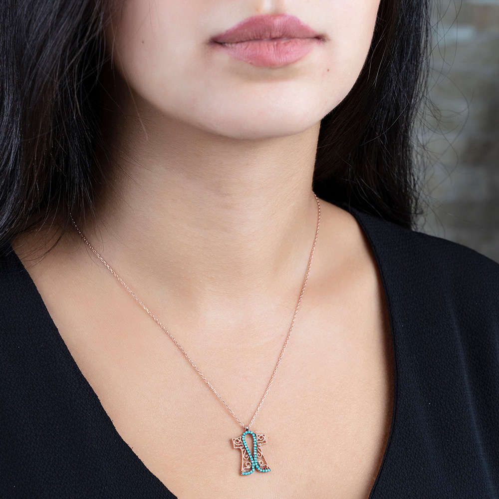 Turkuaz Taşlı Altın Renk Kaftan Tasarım 925 Ayar Gümüş Bayan Kolye - 2