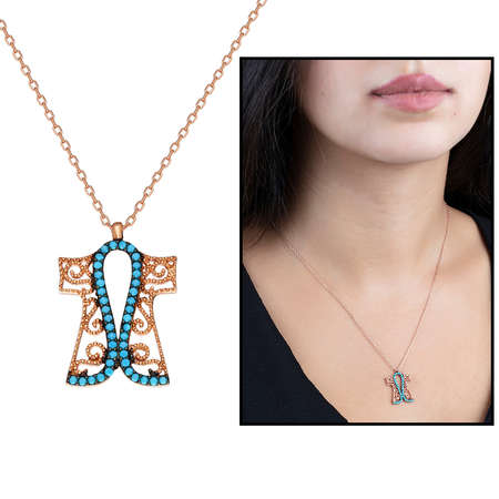 Turkuaz Taşlı Altın Renk Kaftan Tasarım 925 Ayar Gümüş Bayan Kolye - Tesbihane