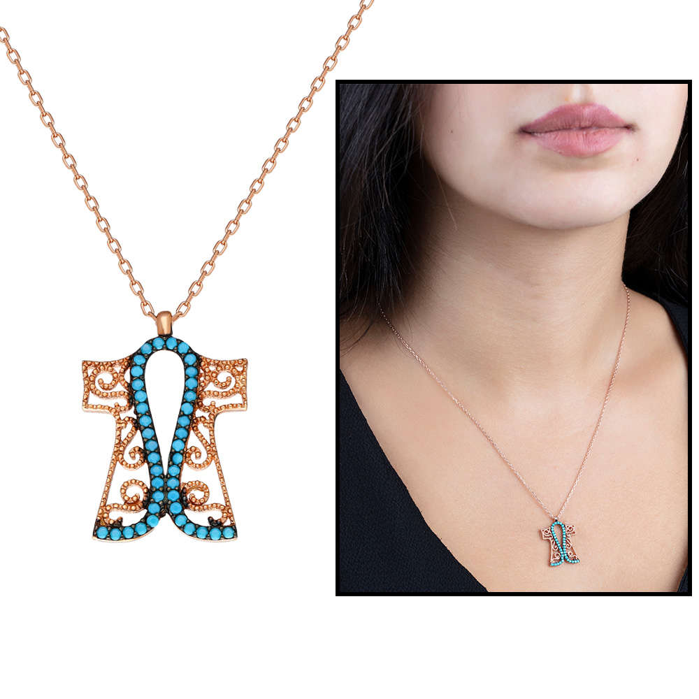 Turkuaz Taşlı Altın Renk Kaftan Tasarım 925 Ayar Gümüş Bayan Kolye - 1