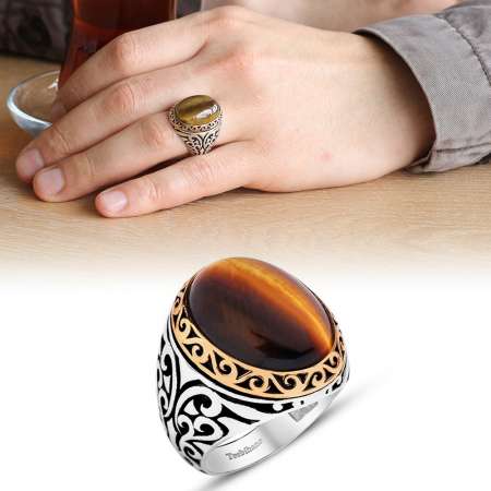 Kaplan Gözü Taşlı 925 Ayar Gümüş Erkek Yüzük - STOKYOK