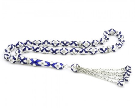 925 Ayar Gümüş Özel Tasarım Mavi Beyaz Mineli Gümüş Tesbih - Tesbihane