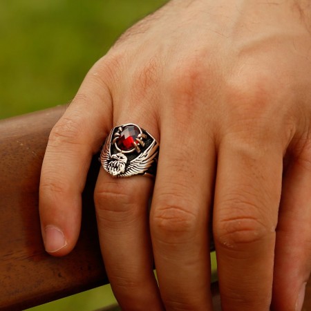 925 Ayar Gümüş Özel Tasarım Kırmızı Taşlı Son İmparator Yüzüğü - Tesbihane