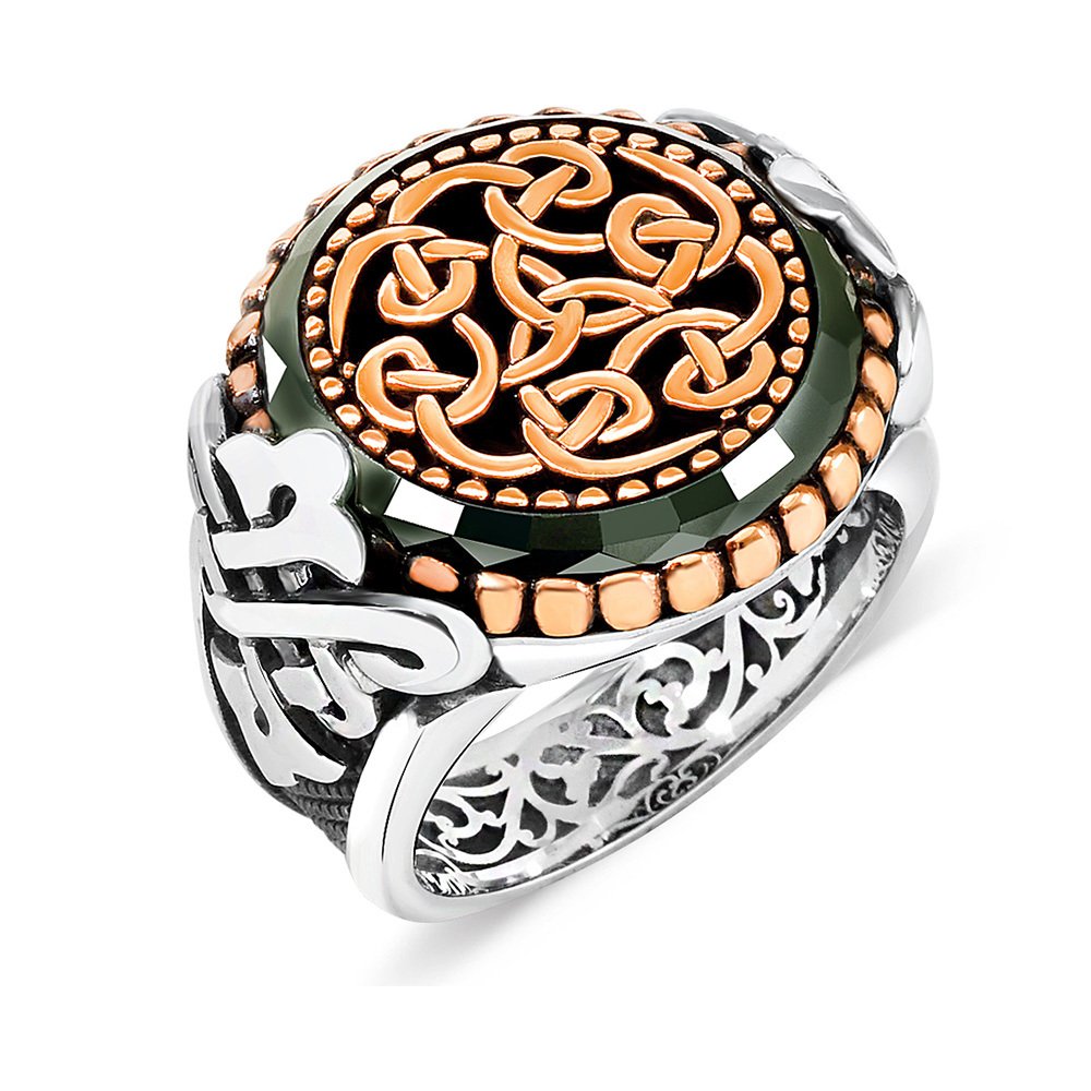 Özel Tasarım Yeşil Akik Taşlı 925 Ayar Gümüş Erkek Yüzük - 2
