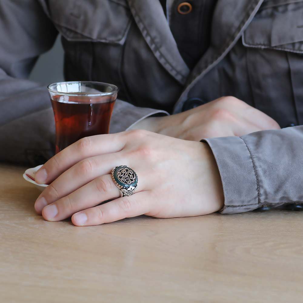 Özel Tasarım Yeşil Akik Taşlı 925 Ayar Gümüş Erkek Yüzük - 3