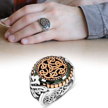 Özel Tasarım Yeşil Akik Taşlı 925 Ayar Gümüş Erkek Yüzük - Tesbihane